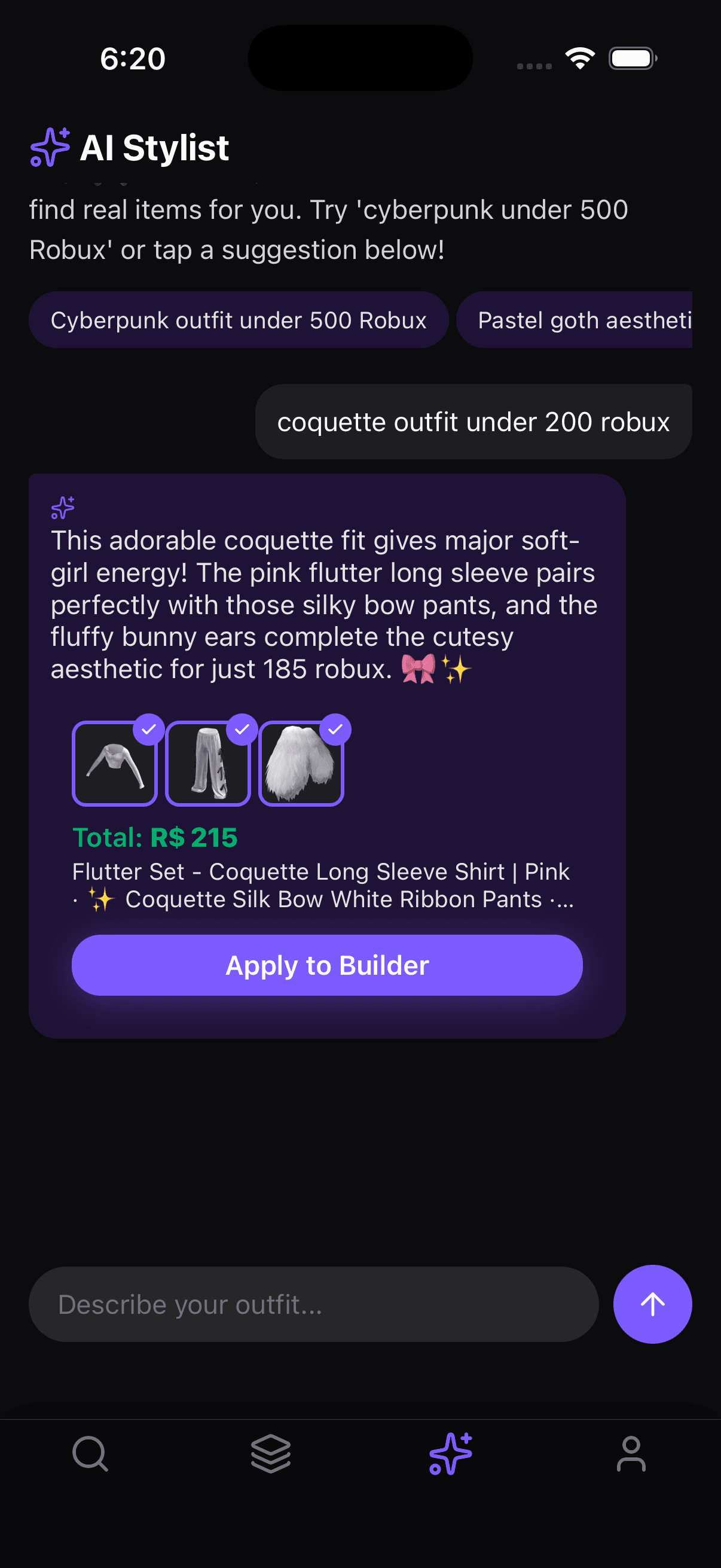 Drip for Blox AI Stylist building a coquette outfit under 200 Robux — real catalog items, total R$ 215