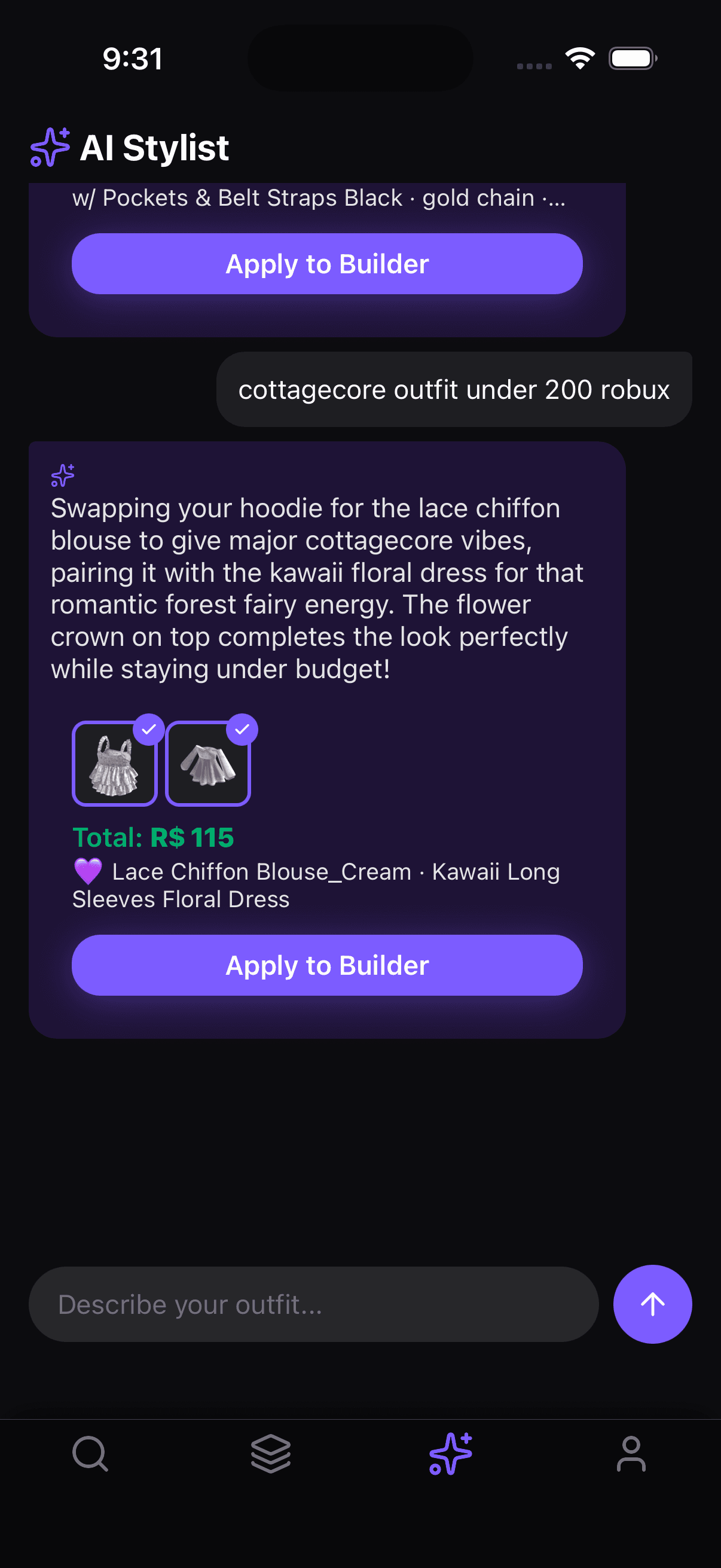 AI Stylist result for cottagecore outfit under 200 Robux — Lace Chiffon Blouse, Kawaii Floral Dress for R$ 115