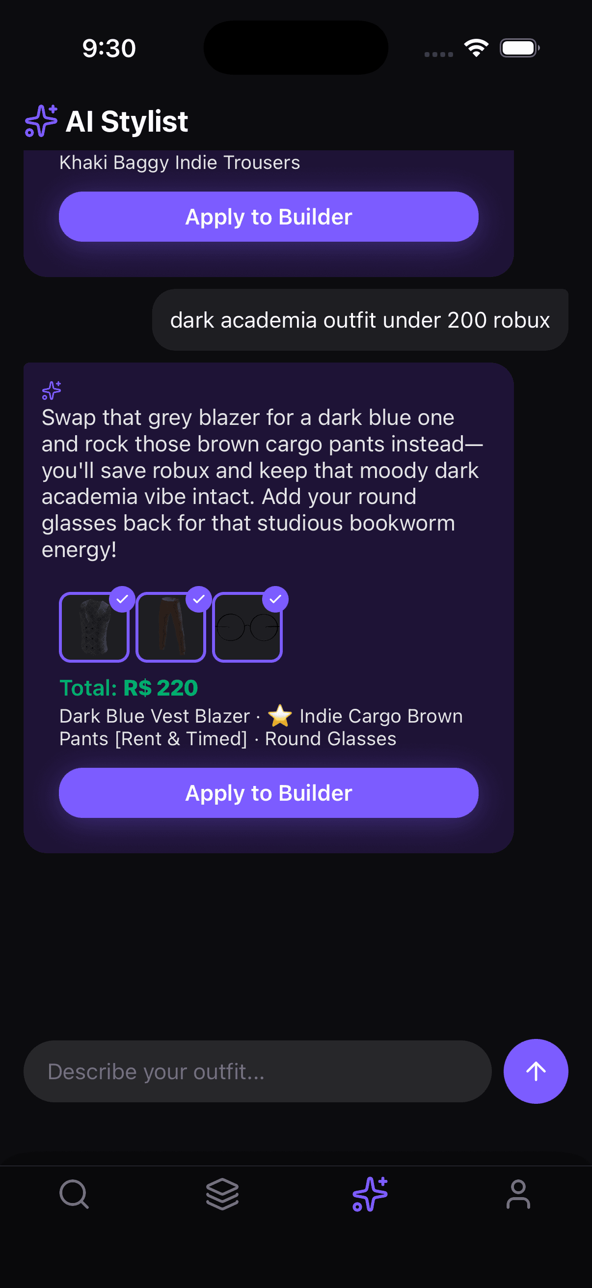 AI Stylist result for dark academia outfit under 200 Robux — Dark Blue Vest Blazer, Indie Cargo Brown Pants, Round Glasses for R$ 220