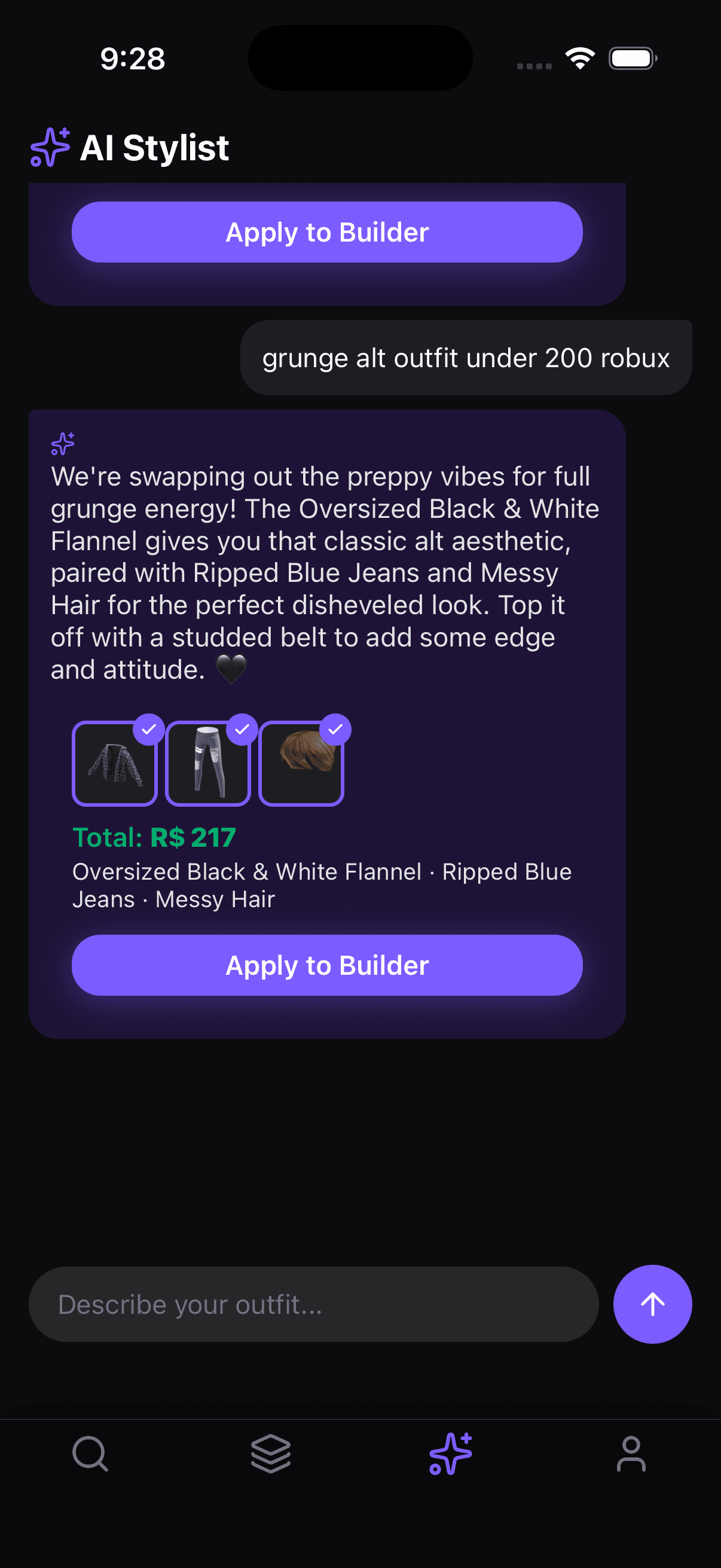 AI Stylist result for grunge alt outfit under 200 Robux — Oversized Flannel, Ripped Blue Jeans, Messy Hair for R$ 217