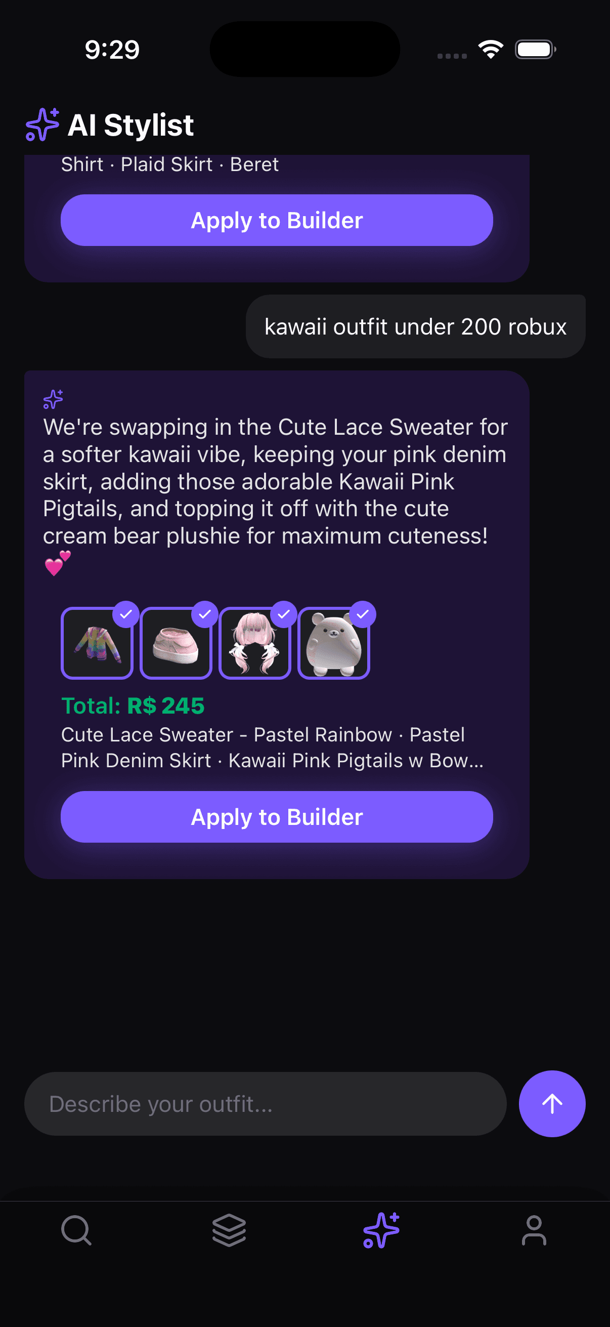 AI Stylist result for kawaii outfit under 200 Robux — Cute Lace Sweater, Pink Denim Skirt, Kawaii Pink Pigtails, bear plushie for R$ 245