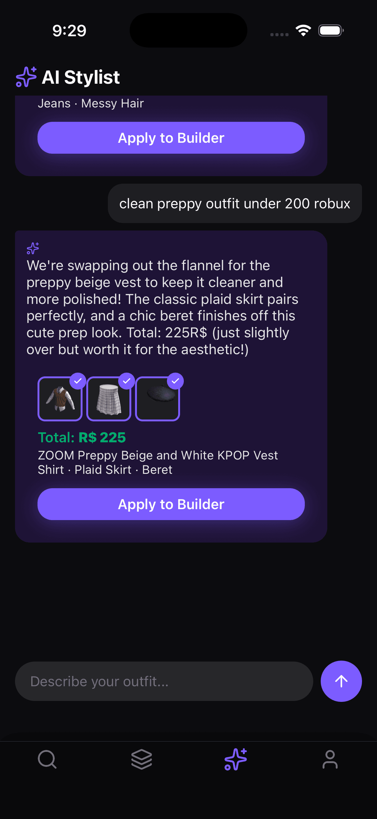 AI Stylist result for clean preppy outfit under 200 Robux — Preppy Beige Vest, Plaid Skirt, Beret for R$ 225