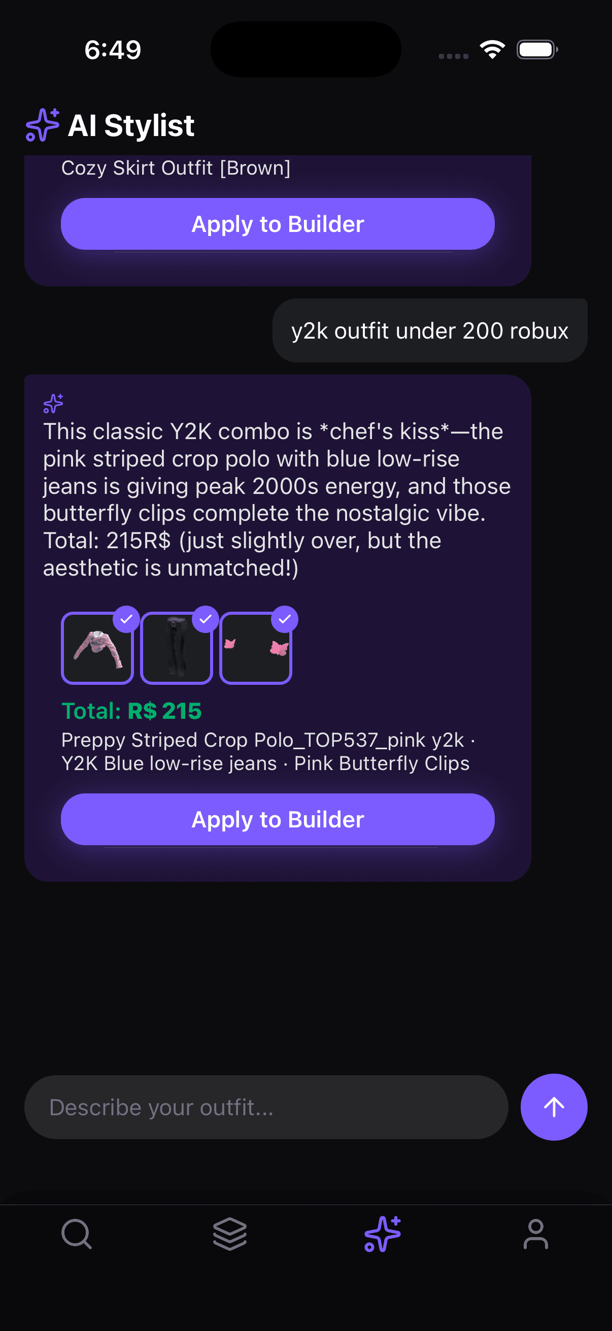 AI Stylist result for Y2K outfit under 200 Robux — Striped Crop Polo, Y2K Blue low-rise jeans, Pink Butterfly Clips for R$ 215