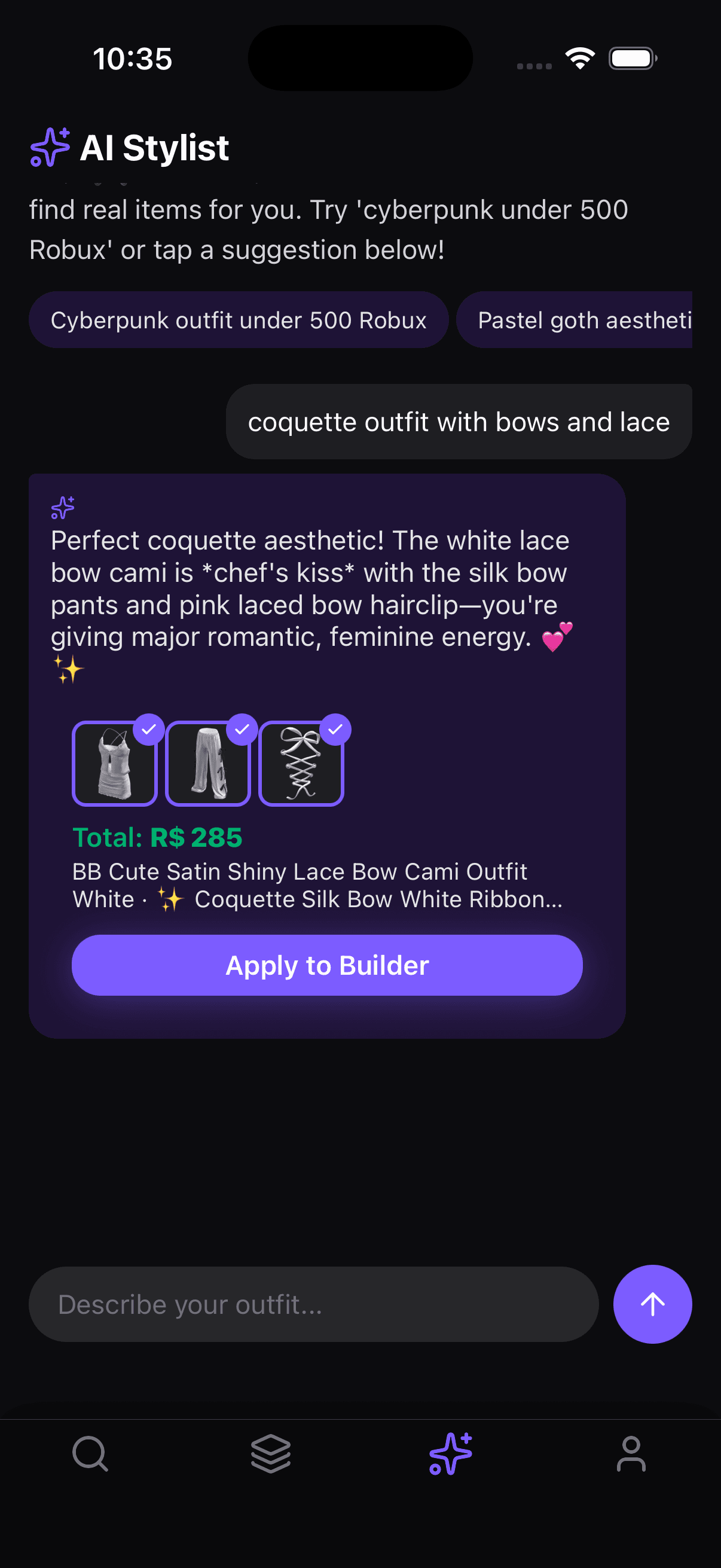 Drip for Blox AI Stylist building a coquette outfit with bows and lace — Satin Lace Bow Cami, Coquette Silk Bow Ribbon Pants, R$ 285