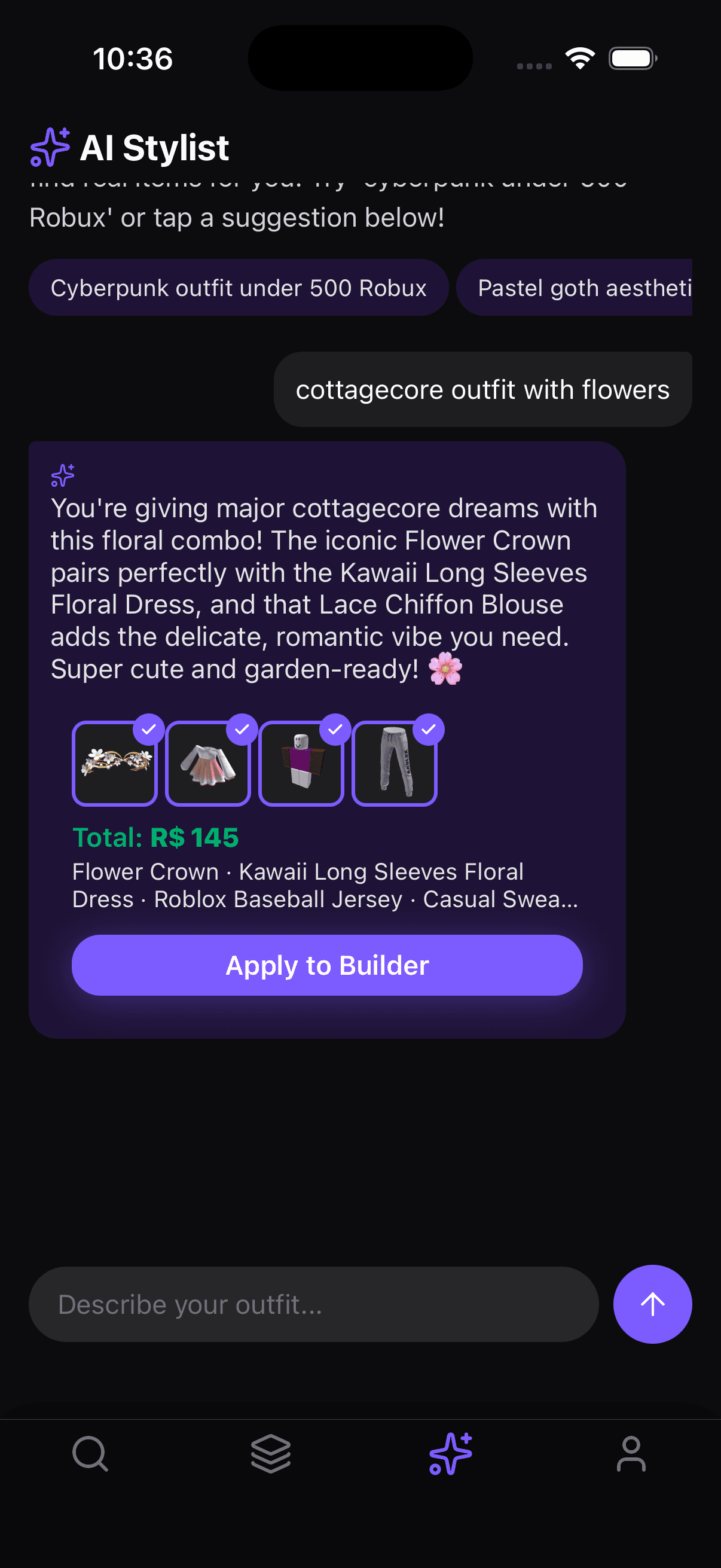 Drip for Blox AI Stylist building a cottagecore outfit with flowers — Flower Crown, Kawaii Floral Dress, Lace Chiffon Blouse, R$ 145