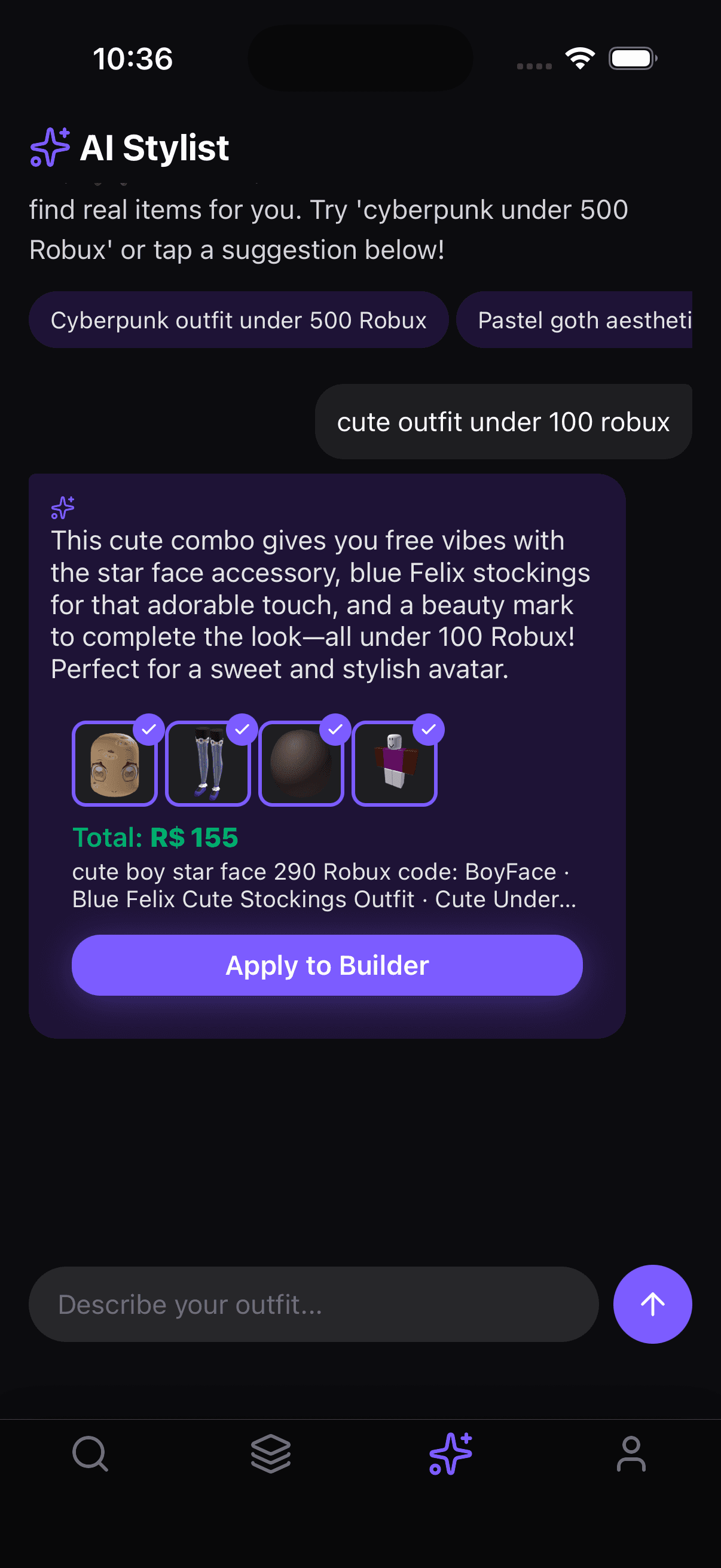 Drip for Blox AI Stylist building a cute outfit under 100 Robux — star face accessory, Blue Felix Stockings, beauty mark, all under budget