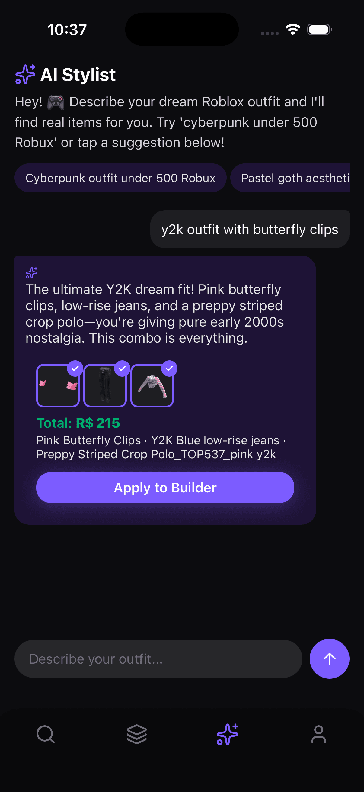 Drip for Blox AI Stylist building a Y2K outfit with butterfly clips — Pink Butterfly Clips, Y2K Blue low-rise jeans, Preppy Striped Crop Polo, R$ 215