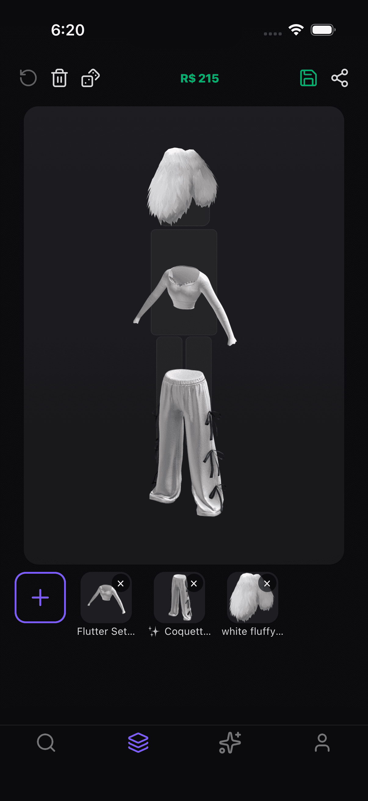 The assembled coquette outfit in the Drip for Blox builder — fluffy hair, pink flutter top, silk bow pants for under 200 Robux