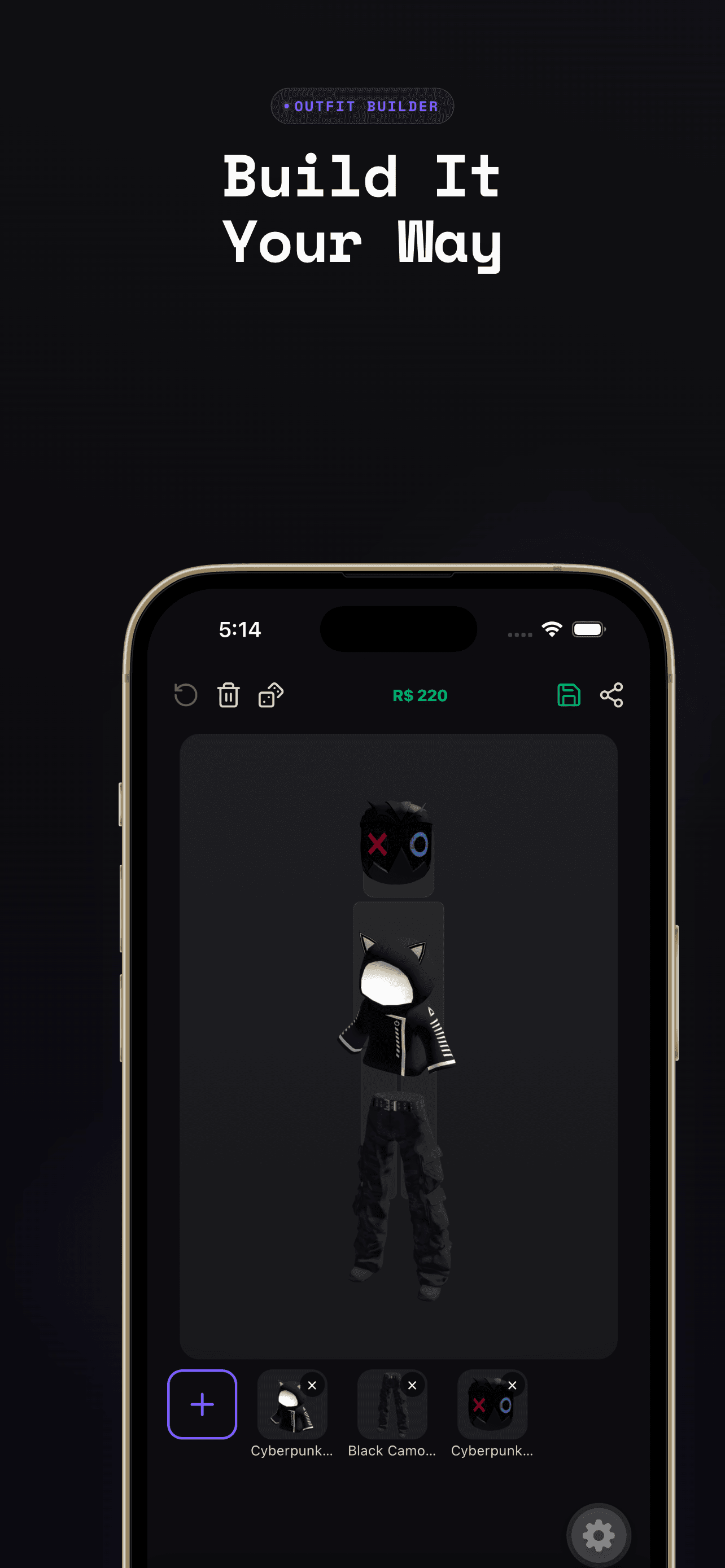 DripForBlox outfit builder showing a cyberpunk avatar with items from the Roblox catalog totaling R$220