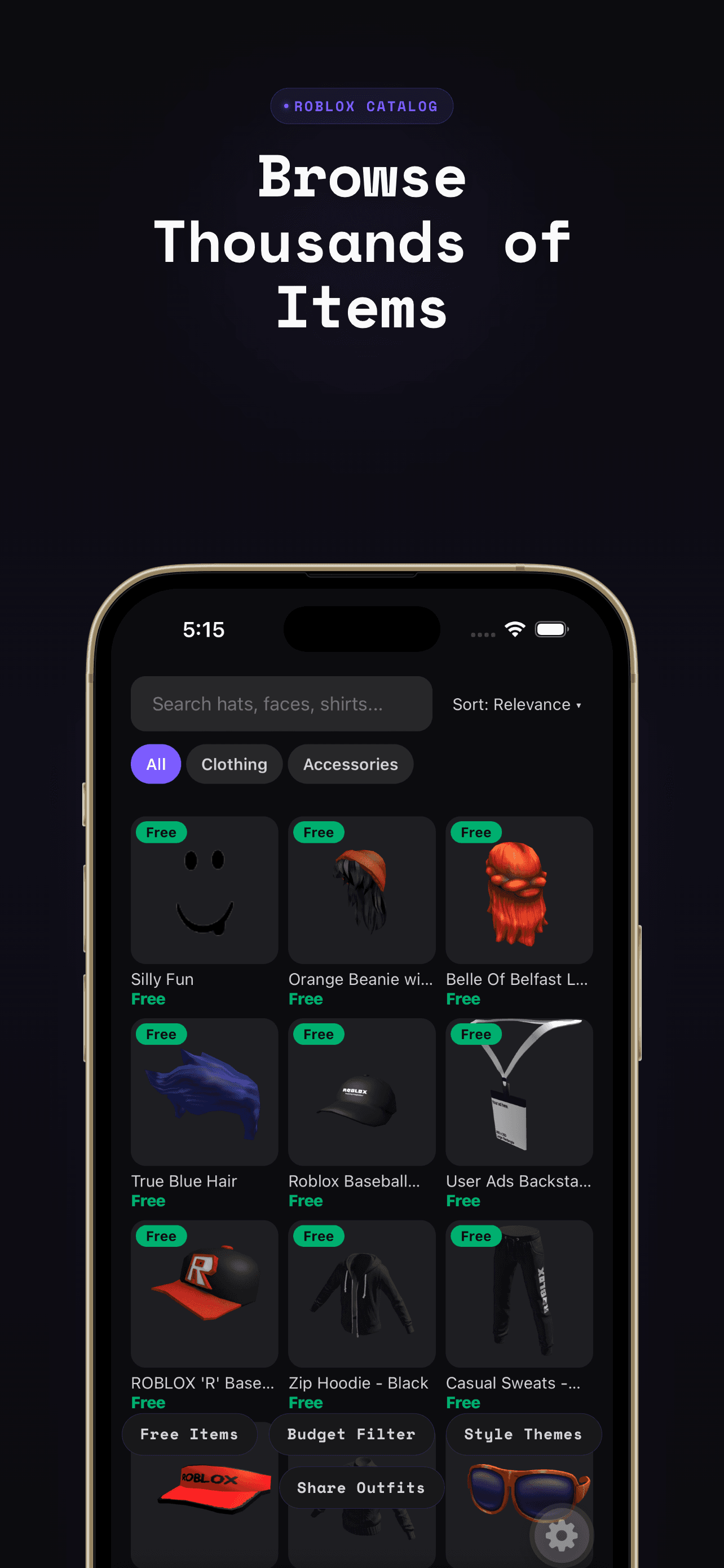 DripForBlox catalog browser showing free Roblox hats, hair, and clothing items with search and category filters