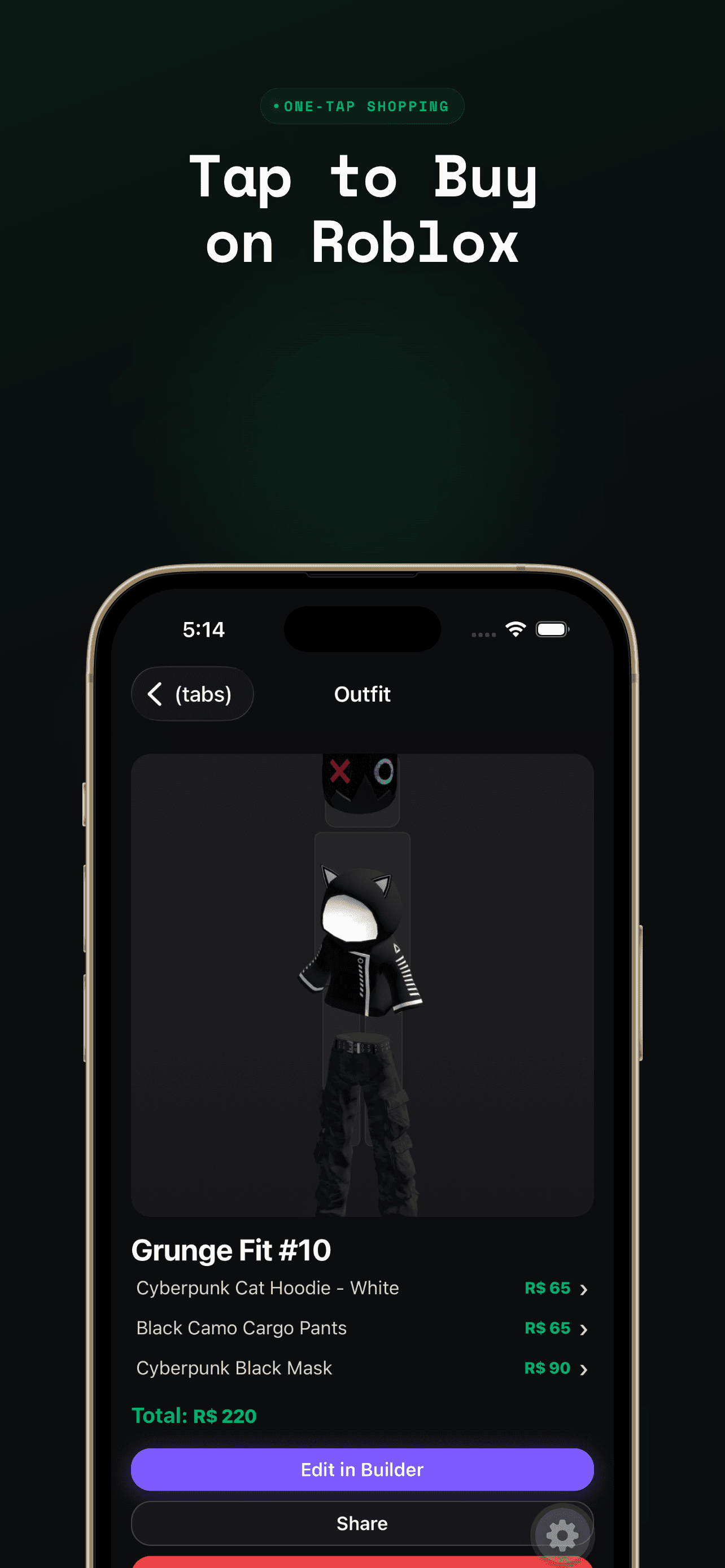 DripForBlox outfit detail screen showing Grunge Fit #10 with item-by-item Robux prices and Edit in Builder button