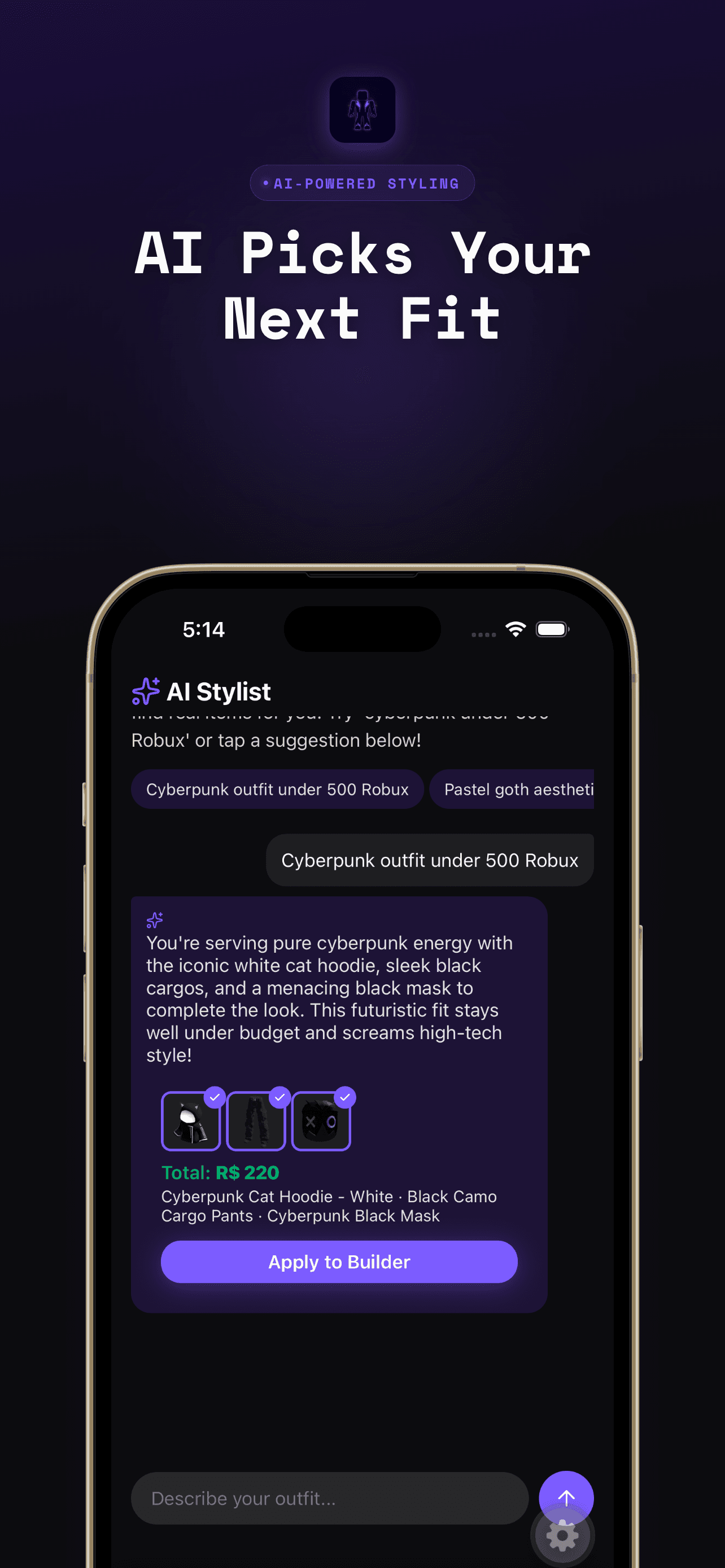 DripForBlox AI Stylist suggesting a cyberpunk Roblox outfit under 500 Robux in an iPhone mockup